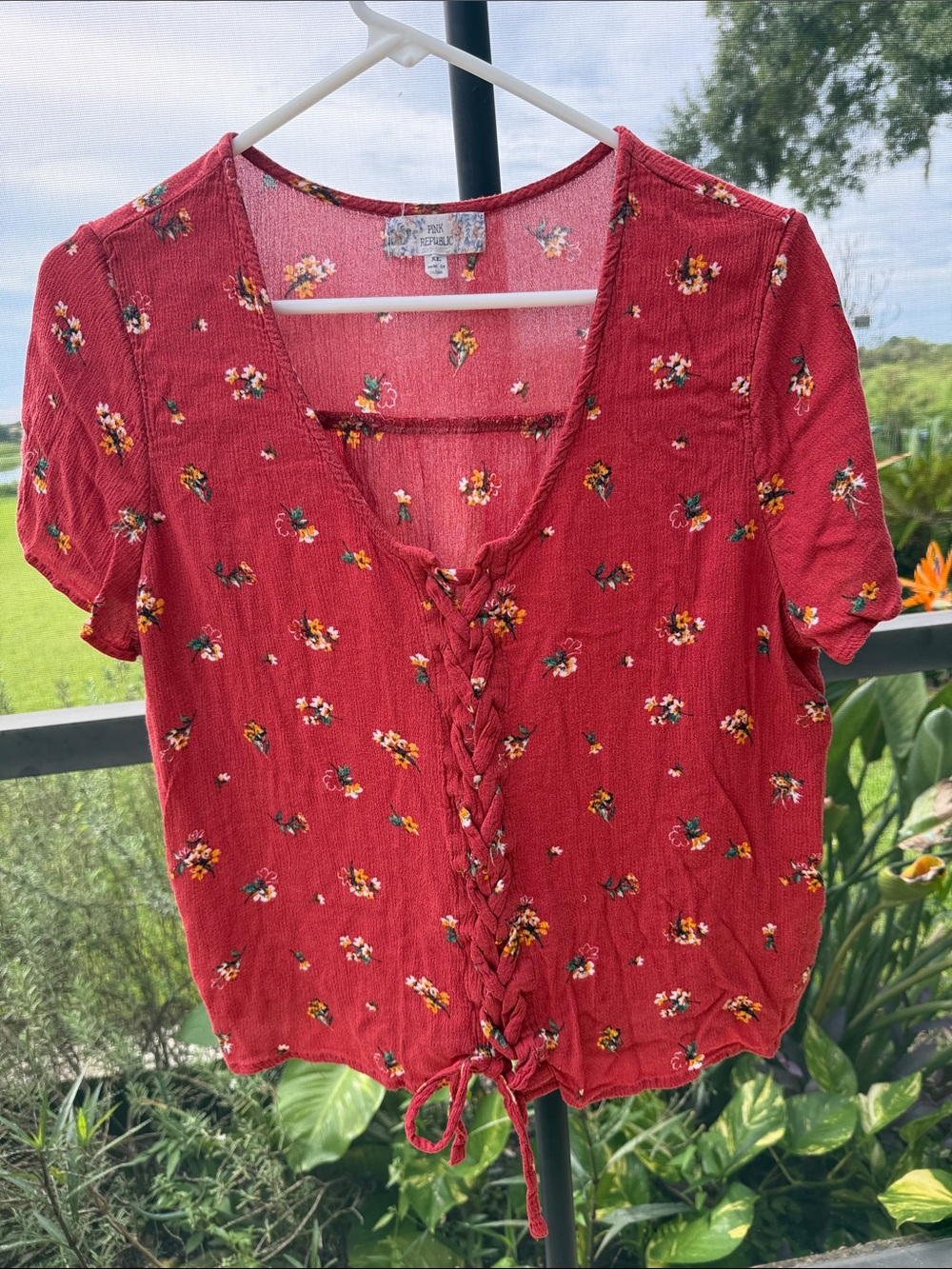 Pink Republic Red Floral Braided Lace-Up Crop Top